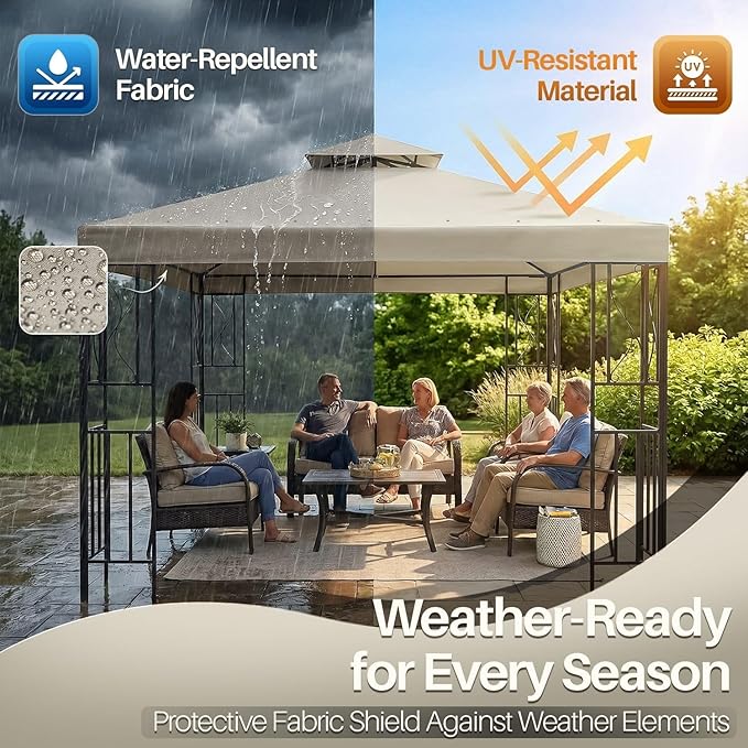 Flexzion Gazebo Cover Replacement Canopy Top 10x10 Ft (3m x 3m) - Double Tier Top Canopy Cover Replacement with UV30+, Dirt, Water Resistant for Outdoor, Sunshade, Garden, Patio, Pavilion (Ivory)