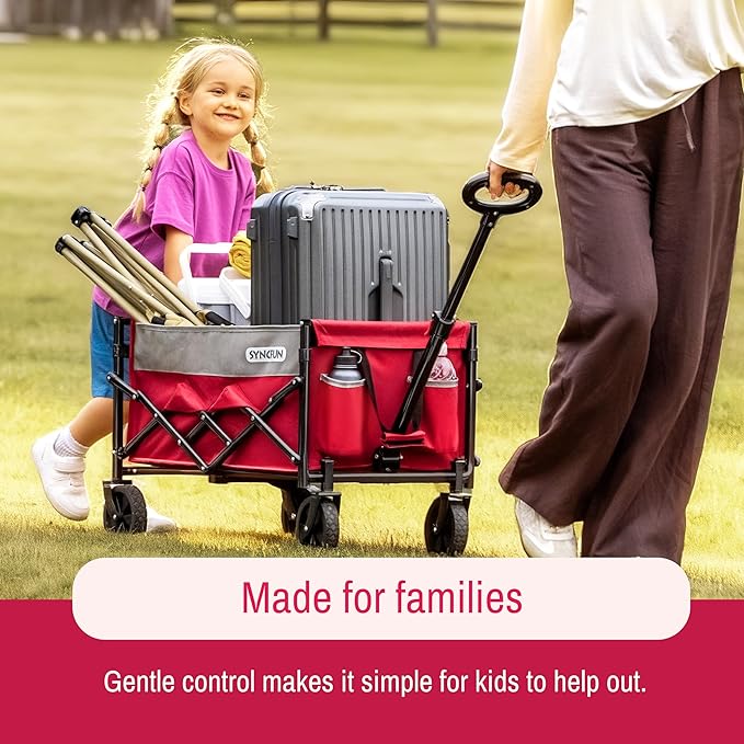 SYNCFUN Collapsible Wagon Cart Foldable 300lbs, Portable Rolling Shopping Carts on Wheels, All Terrain Folding Sport Beach Wagons for Sand, Heavy Duty Utility Cart for Groceries Fishing, Red