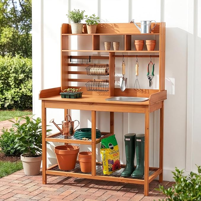 OOOK Potting Bench, Nordic Scots Pine Potting Table with Sliding Tabletop, Removable Sink, Workstation for Outside Patio Lawn, Wooden Garden Work Station