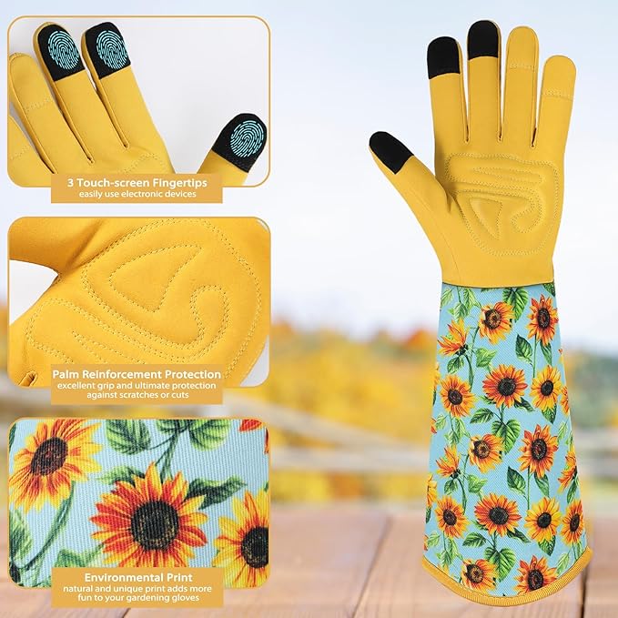 Trifabricy Gardening Gloves for Women, Leather Long Garden Gloves with Grip, Thorn-Proof Puncture-Resistant Work Gloves
