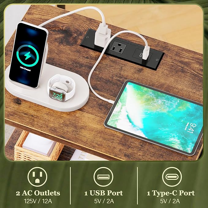 SUPERJARE Nightstand Set of 2 with Charging Station, USB-C Port, End Tables