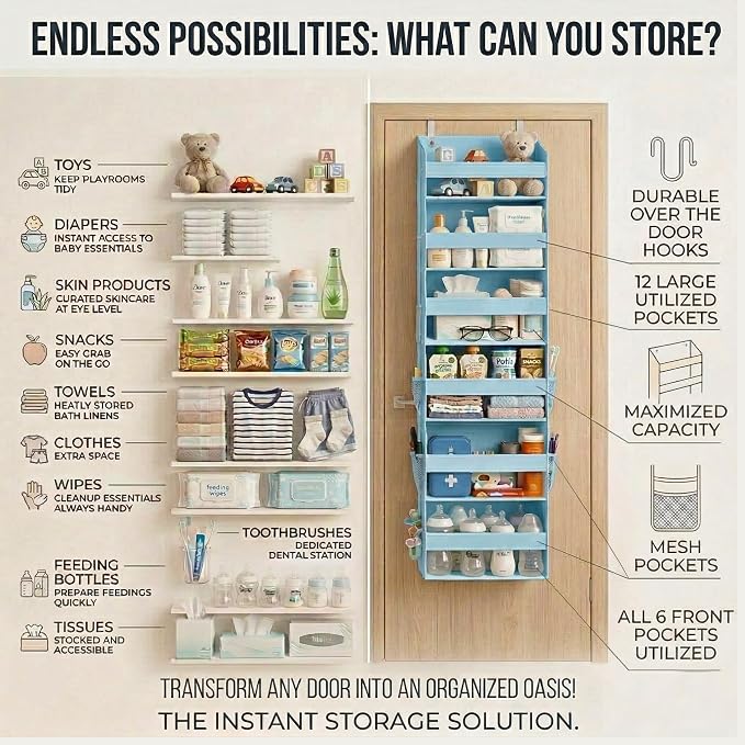 HOMELUX THEORY Over the Door Organizer, 6-Tier, 100D Fabric, Baby Blue 1pc | Over the door shoe organizer, 50 lbs capacity, 12 side mesh pockets, 100D extra thick fabric, Closet & entryway storage