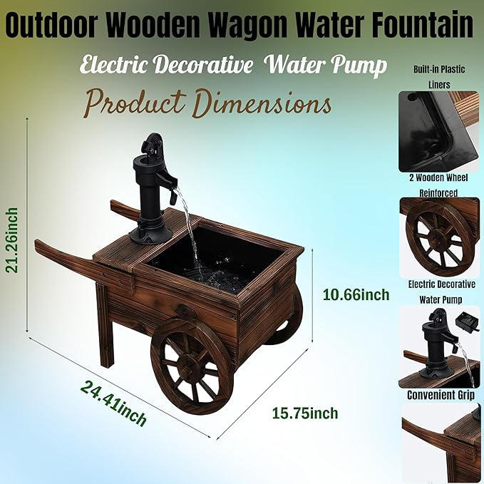 NestNature Outdoor Water Fountain,Wooden Wagon Wheel Pump Old-Fashioned Fountain,Electric Decorative Hand Pump, Outdoor Water Feature for Patio, Garden & Indoor Decoration