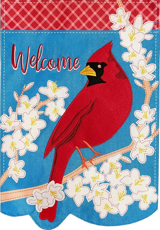Spring Cardinal Welcome Burlap Garden Flag Floral 12.5" x 18" Briarwood Lane
