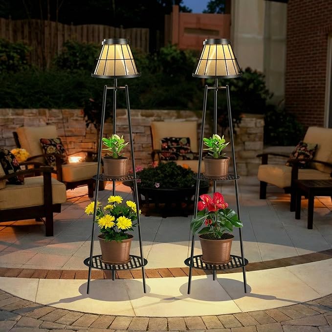 2 Pack Solar Floor Lamps Outdoor with 2-Tier Plant Stand, Metal Tall Planter Holder with Waterproof LED Lantern, Decorative Patio Light & Flower Pot Display Rack for Garden, Deck, Porch, Balcony
