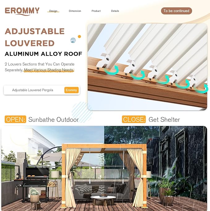 EROMMY Louvered Pergola 10x10, Outdoor Aluminum Pergola with Adjustable Rainproof Roof for Garden, Patio, Deck, Waterproof Curtains and Netting Included, Wood Grain