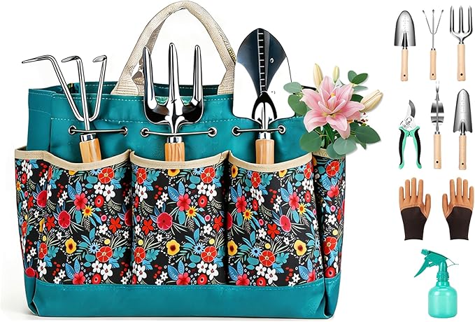 Garden Tool Set, 9 Pcs Heavy Duty Stainless Steel Gardening Hand Tool, Turquoise Garden Tool Bag Kit, Gardening Supplies Gifts for Women Men Mom Dad Gardener Beginner