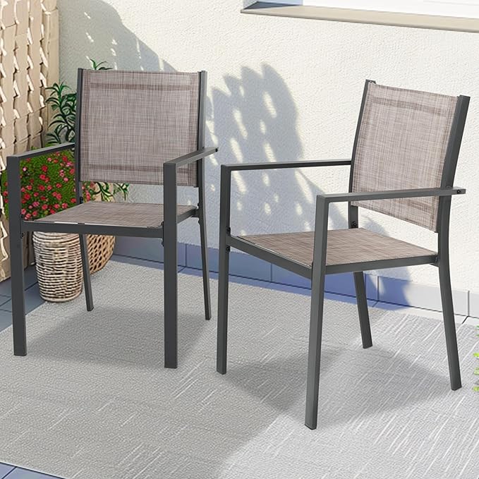 Patio Dining Chairs, All-Weather High-Resilience Textilene Outdoor Dining Chair Set of 2, Heavy-Duty Stackable Minimalist Outdoor Chairs with Armrest, Patio Chairs for Lawn Deck Pool, Brown