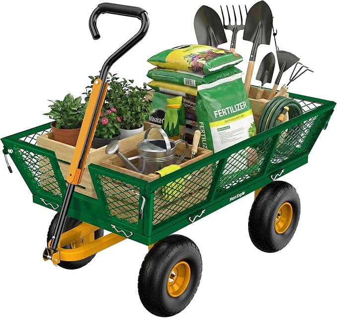 900 Lbs Heavy Duty Steel Garden Cart, Outdoor Metal Garden Wagon On Wheels, Utility Yard Cart with Mesh Removable Sides(Convert to Flatbed) and Removable Handle to Wheel Barrow, Green