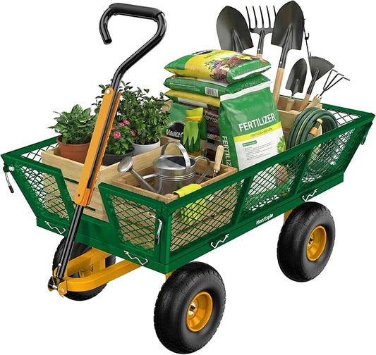 900 Lbs Heavy Duty Steel Garden Cart, Outdoor Metal Garden Wagon On Wheels, Utility Yard Cart with Mesh Removable Sides(Convert to Flatbed) and Removable Handle to Wheel Barrow, Green