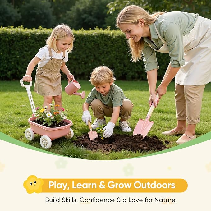 Grenebo Kids Gardening Set with Wheelbarrow, 11-Piece Outdoor Yard, Beach, STEM Garden Play Kit with Child-Sized Tools, Durable, Safe & Fun Gift Toy for Ages 2+ Kids Toddlers Boys Girls (Pink)