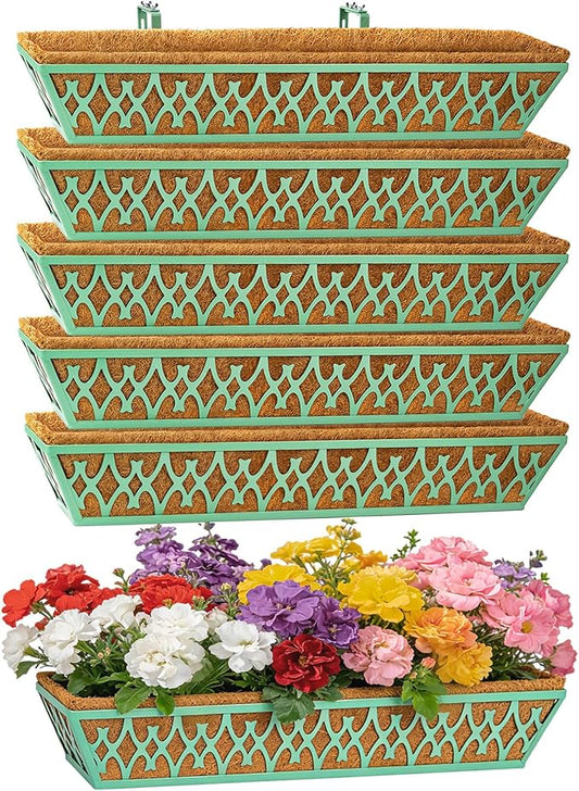 6 Pack 30 Inch Window Boxes Planters Railing Planter Box with Adjustable Brackets for Porch Fence Patio Balcony Hanging Flower Baskets with Coco Liners for Outdoor Garden Decor - Green