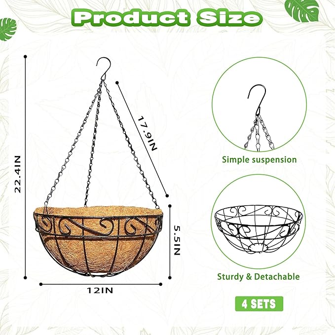 4 Pack 12 Inch Metal Outdoor Hanging Baskets Black Heavy Duty Hanging Planters with Coco Liners for Indoor Outdoor Plants Gardens Patios Terraces（Lace）