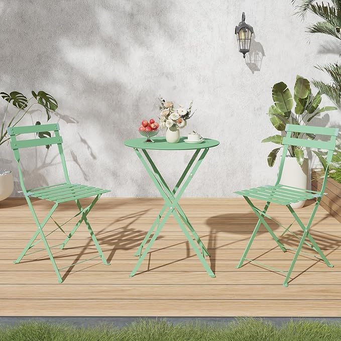 3-Piece Folding Bistro Set, 2 Chairs and 1 Coffee Table, Space Saving Weather-Resistant Frame, Portable Indoor/Outdoor Patio Furniture Conversation Set for Garden Porch Balcony Deck - Green