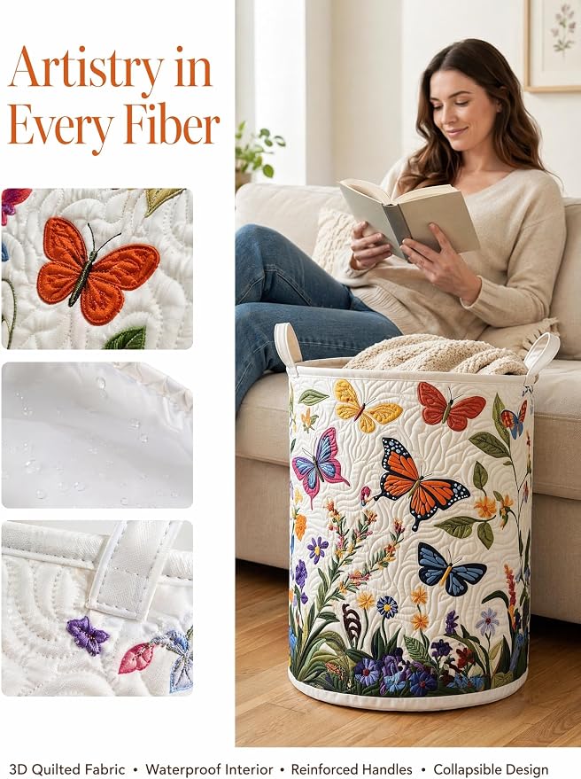 Quilted Laundry Basket with Handles, Boho Floral Quilted Storage Hamper, Large Capacity Laundry Hamper for Nursery Bedroom Laundry Room Home Decor (Pattern 06, Large (28"H x 20"W x 20"L))