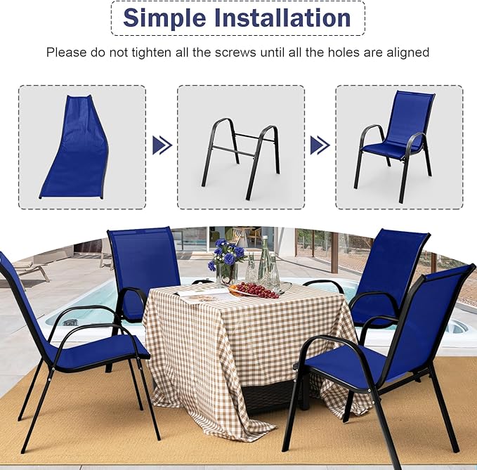 MEDIMALL Patio Chairs, Stackable Patio Chairs Set of 4, Blue Lawn Chairs with Armrest & Breathable Fabric for All Weather, Outdoor Dining Chairs for Yard, Poolside, Balcony, Garden