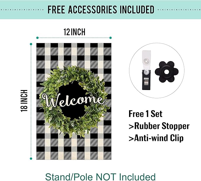 Baccessor Boxwood Wreath Welcome Garden Flag Double Sided, Buffalo Plaid Check Spring Yard Flag Burlap, Small Farmhouse Rustic Flags for Outdoor Outside Decor 12.5 X 18 Inch