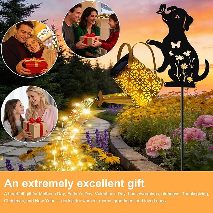 VOOKRY Solar Watering Can Lights Outdoor with Dog Silhouette Stake, Garden Gifts for Mom, Women & Garden Lovers Waterproof Metal Garden Lantern, Decorative Yard Patio Lawn Pathway Decor(2 Pack)