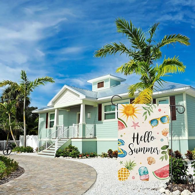 Hello Summer Garden Flag 12x18 Inch Double Sided Vertical, Small Burlap Colorful Sun Ice Cream Fruits Beach Sign Yard Outdoor Decoration