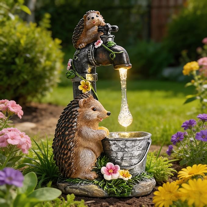 TERESA'S COLLECTIONS Garden Decor, Set of 2 Cute Hedgehogs and Faucet Garden Decor, Waterproof Resin Garden Statue, Hedgehogs Gift, Garden Gift for Women Mom, Indoor/Outdoor