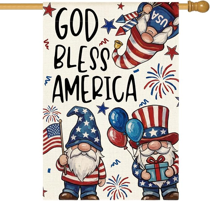 AVOIN colorlife God Bless America Patriotic 4th of July House Flag 28x40 Inch Double Sided Outside, American Stars and Stripes Gnomes Yard Outdoor Decoration