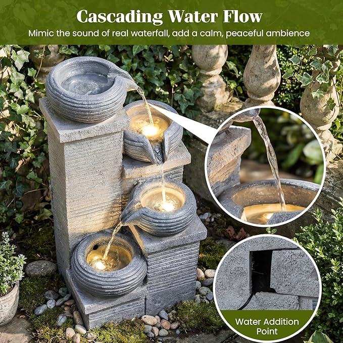 Giantex 4-Tier Water Fountain Outdoor, 23 Inch Cascading Bowls Waterfall Fountain with Warm LED Lights & Pump, Outside Zen Water Feature for Patio, Balcony, Deck, Garden, Yard Decor