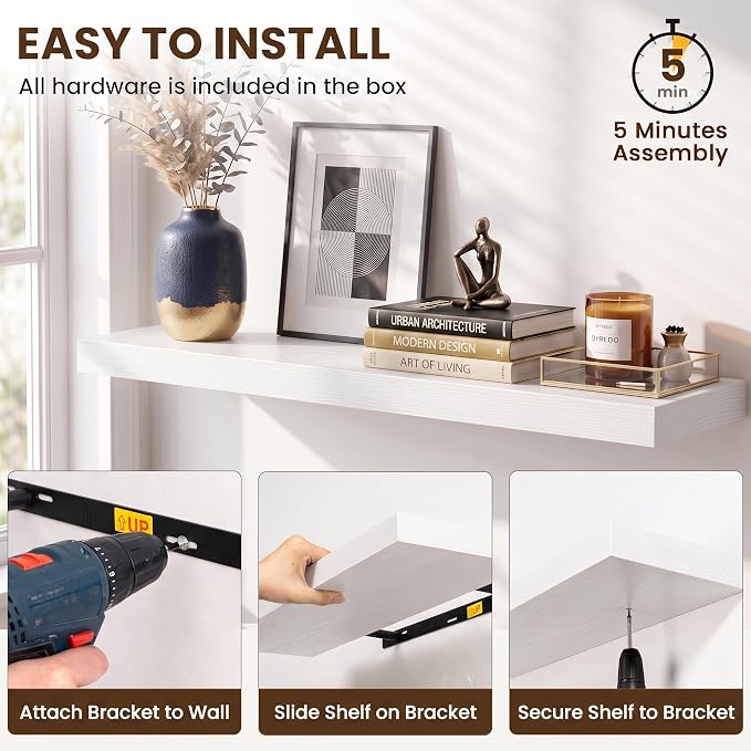 Acovy 8in Square Floating Shelves 4 PCs, Wall Mounted Display Shelf, White | Invisible Brackets, 15lb MDF, 8x8in Square, Easy Install, For Bedroom, Bathroom, Living Room, Kitchen & Office