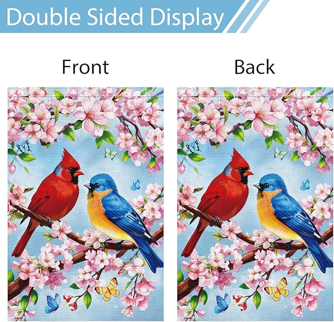 Heyfibro Spring Summer Cardinal Garden Flag 12x18 Double Sided Burlap, Bluebird & Cherry Blossom Flower Yard Banner for Rustic Seasonal Outdoor Decoration (ONLY FLAG)
