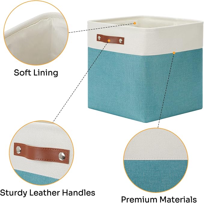 DULLEMELO Storage Bins for Organizing,Closet Storage Baskets for Gift Empty,Large Linen Canvas Storage Bins with Handles for Home Office Toys Shelves(White&Teal, 13 inch Cube)