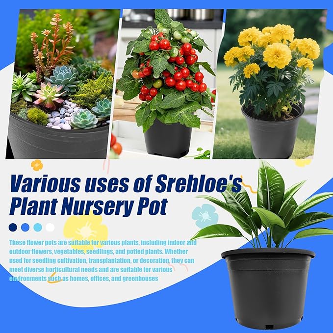 10Pcs 5 Gallon 12 inch Plant Nursery Pot Flower Seedling Injection Molded Container Plastic Garden Planter Pots with Drainage Holes Suitable for Vegetables Flowers Plants Black