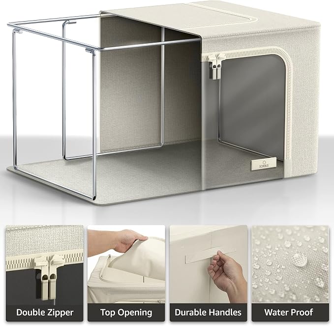 Sorbus Clothing Storage Bins with Clear Window, Metal Frame (2 Pack, Beige) | Oxford-fabric containers with carry handles stack neatly to organize bedding and linens in closets and laundry rooms.