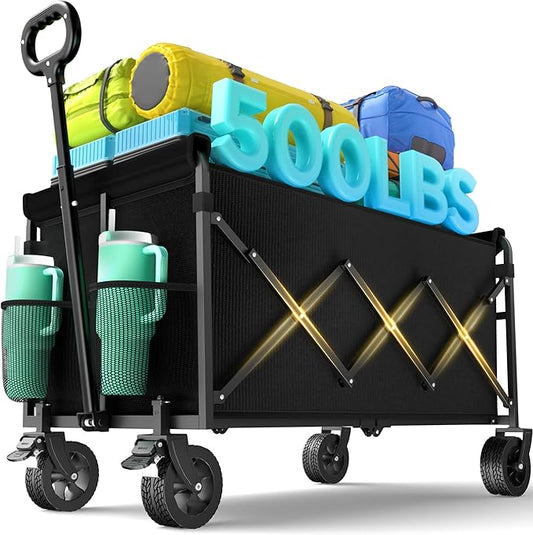 Wagons Carts Foldable Collapsible Foldable Extended Wagon with Brakes, 500lbs Weight Capacity, Heavy Duty Folding Utility Garden Cart with Big All-Terrain Beach Wheels & Drink Holders