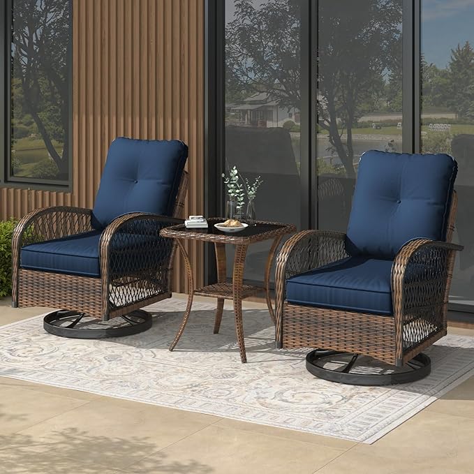 MELLCOM 3 Pieces Patio Furniture Set, Outdoor Swivel Rocker Patio Chairs, Wicker Patio Bistro Set with Rocking Chair, Thickened Cushions and Glass Coffee Table for Backyard, Garden, Navy Blue
