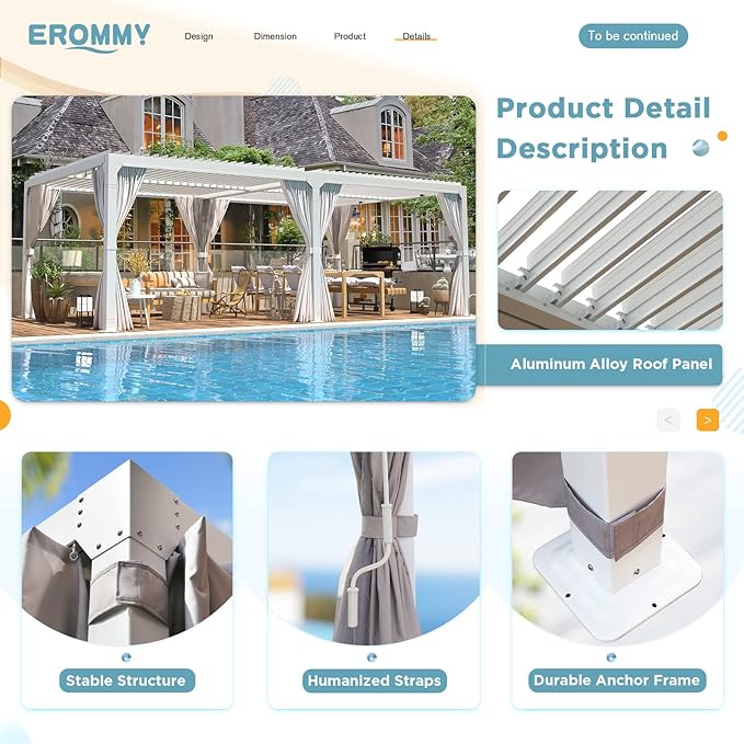 EROMMY Louvered Pergola 12x20, Outdoor Aluminum Pergola with Adjustable Rainproof Roof for Garden, Patio, Deck, Waterproof Curtains and Netting Included, White