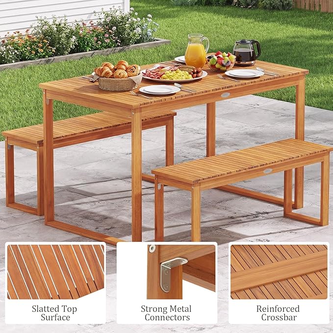 Tangkula Acacia Wood Outdoor Bench Backless Set of 2, 2-Person Wood Patio Bench with Slatted Seat, Outdoor Backless Dining Bench for Backyard, Poolside, Porch (43.5")