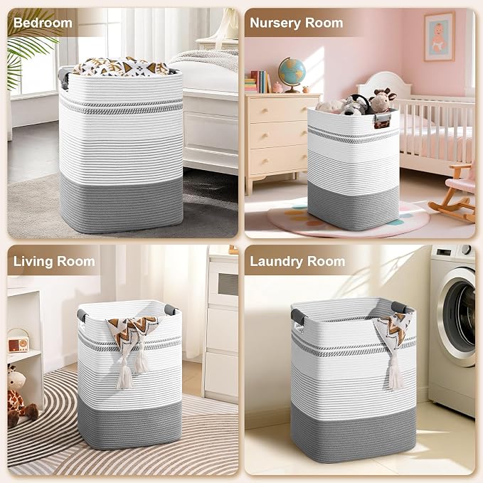 Laundry Hamper, 105L Tall Laundry Basket with Leather Handles, Rectangle Large Clothes Hamper for Organizing, Cotton Woven Laundry Baskets Storage Hampers for Bedroom, Nursery, Living Room