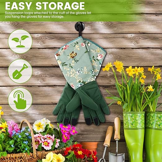 WANCHI Gardening Gloves, Durable and Comfortable Women's Long Garden Gloves for Gardening Work and Yard Work, Leather Gardening Gloves for Women, Green Print (Medium)