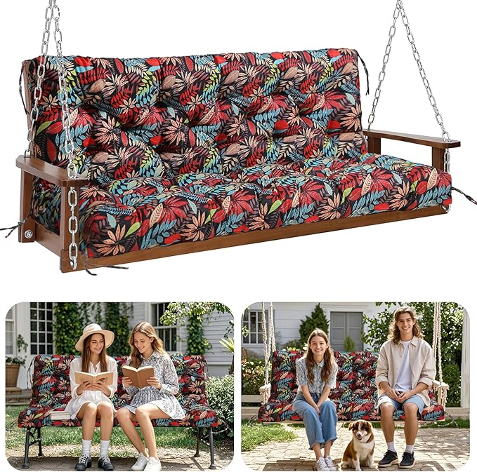 Premium 5" Thick Waterproof Outdoor Swing Cushions Sturdy Durable 3 Seat Replacement Porch Swing Cushions with Backrest&Ties Bench Cushion for Outdoor Furniture Backyard Patio (Flower01)