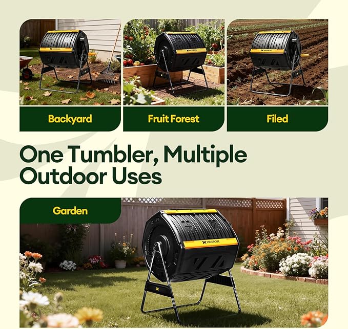 Maygrove Outdoor Compost Bin 53 Gallon, Dual Chamber Large Compost Tumbler for Garden Backyard, with 360° Rotating, Sliding Doors & Solid Steel Frame