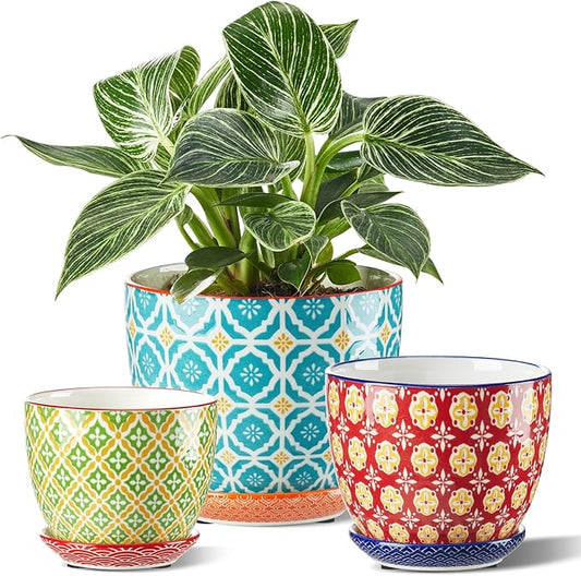 Metahom Ceramic Plant Pots, 3.8+4.9+5.8 Inch, Set of 3 Flower Pots with Drainage Hole & Saucer, Trio Planter Pots Set for House Plants, Home Decor, Vibrant Colors
