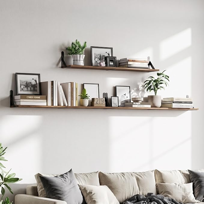 WOPITUES Long Wall Shelves 40″W x 8″D, Floating Book Shelves Max Load 65lbs | Wall Mounted Wood Shelf Storage, Metal Brackets, Bedroom/Living Room/Laundry Room/Kitchen/Pantry Decor, Brown, Set of 3