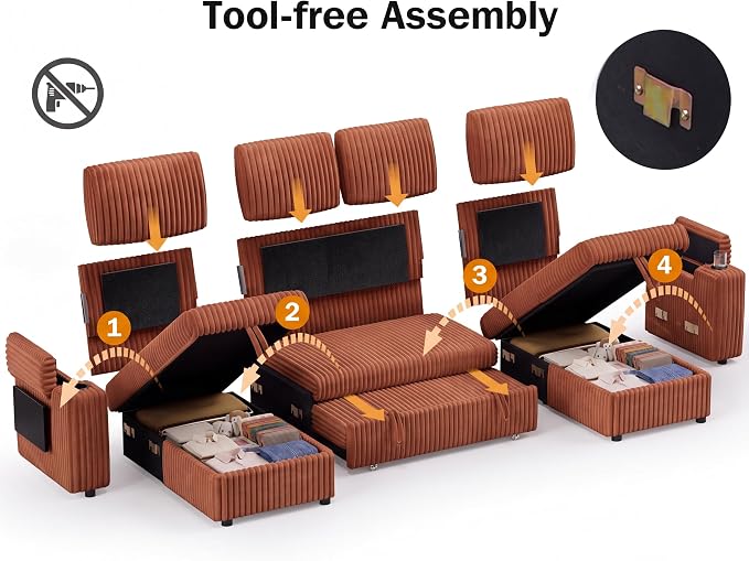 Vipbear 108" Modular Sectional Sleeper Sofa with Pull Out Bed, 4 Seat Plush Corduroy U Shaped Couch with USB Ports|Cup Holders|Side Table|Storage Chaise Armrests, Tool Free Assembly, Orange