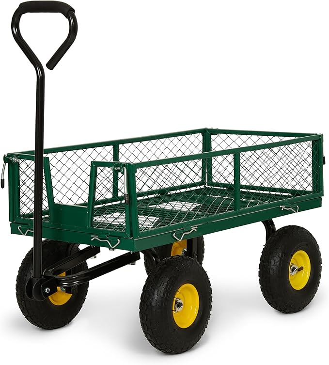 Backyard Expressions Heavy Duty Garden Cart 400 lb Utility Wagon Cart with Removable Mesh Sides, Powder-Coated Steel Bed, Pneumatic Tires, Pull Handle Yard Cart
