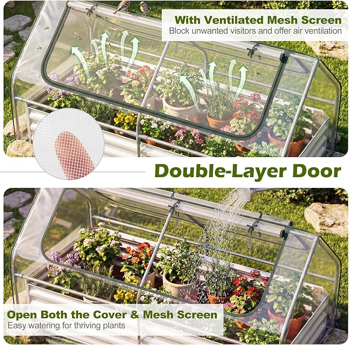 S AFSTAR Raised Garden Bed with Cover, 6FT x 3FT x 3FT Galvanized Bottomless Garden Bed with Greenhouse, Dual 2-Tier Roll-Up Windows, Easy Venting & Watering, Outdoor Metal Planter Box Kit with Cover