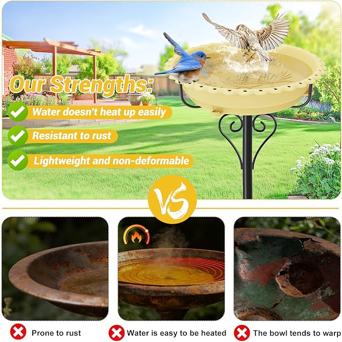 40In Bird Bath for Outside,Freestanding Birdbath & Birdfeeder with Metal Stake,Vintage Birdbaths Water Bowl with 5 Prongs Base for Outdoor Garden Yard Decor (Beige)