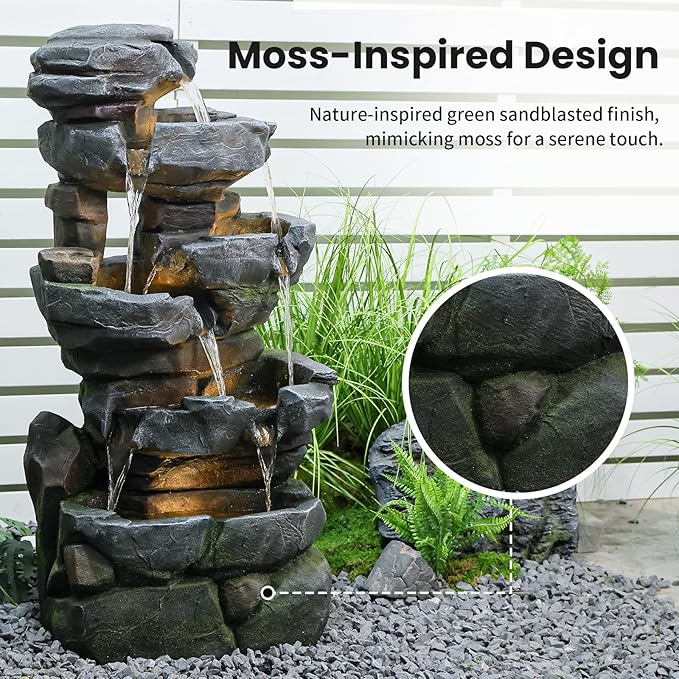 Sunlinua 6-Tier Cascading Rock Water Fountain Outdoor Resin Stone Imitation Waterfall with LED Lights, Indoor/Outdoor Decor for Garden, Patio, Backyard, Porch and Home Art Decor