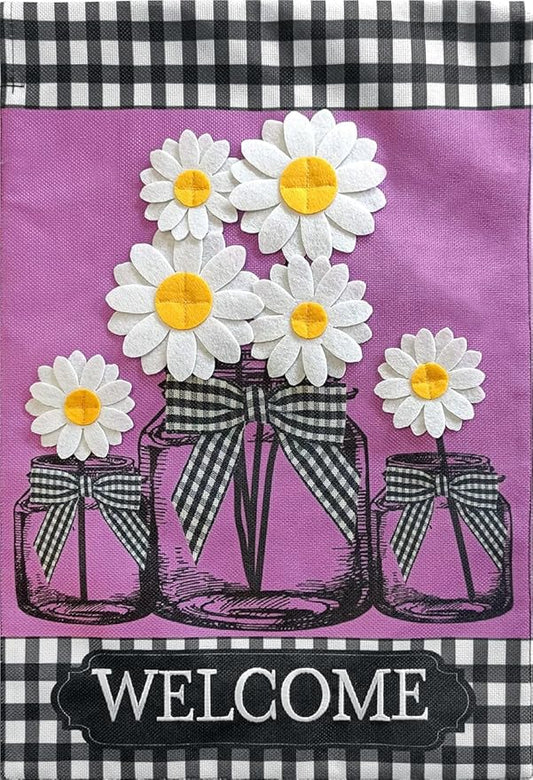 Daisy Jars Spring Burlap Garden Flag Welcome Floral 12.5" x 18" Briarwood Lane