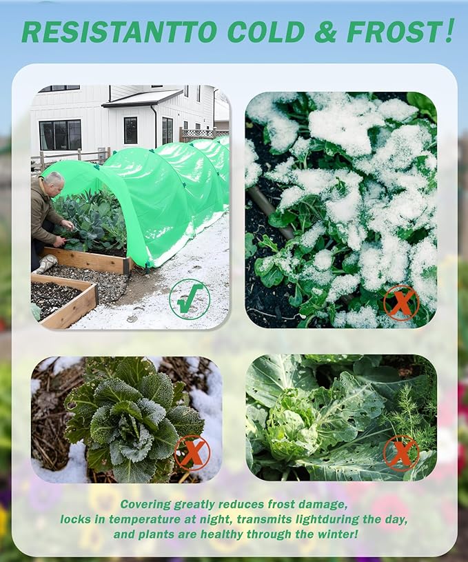 10ft x 30ft Plant Frost Protection Cover, 1.3 oz/yd² Reusable Freeze Blanket with 36 Hoops & 12 Stakes, Garden Greenhouse Tunnel for Winter Snow, Frost & Pest Protection on Outdoor Raised Beds