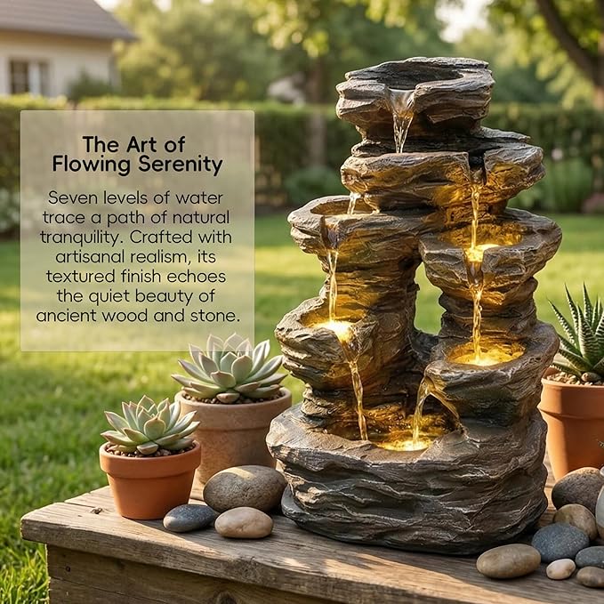 7-Tier Cascading Outdoor Fountain with LED Lights, 23" H Fountains and Waterfalls Stone-Look for Garden, Patio, Yard Decor