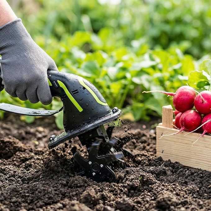 GARDTECH 21V Cordless Tiller Cultivator, 235RPM Electric Hand Tiller with 2×2.0Ah Batteries, 4" Tilling Width & Depth, Powerful Mini Garden Tiller for Gardening, Raised Bed & Soil Loosening